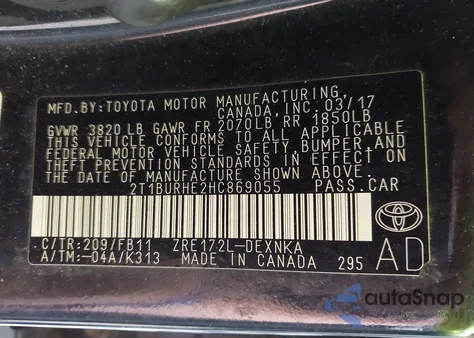 2017 Toyota Corolla Le from USA, damaged, VIN 2T1BURHE2HC869055